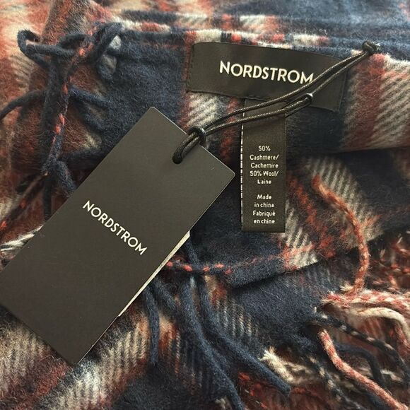 Nordstrom Scarf Fringed Plaid 50% Wool 50% Cashmere Navy Blue Red White 12x73 - Picture 3 of 6